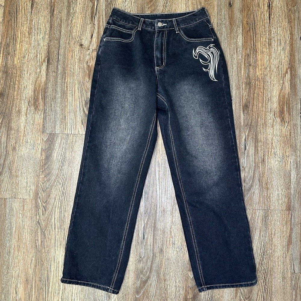 NV Felix Jeans Women Sz M Black Embroidered Y2K Retro Boyfriend Rock Punk Grunge
